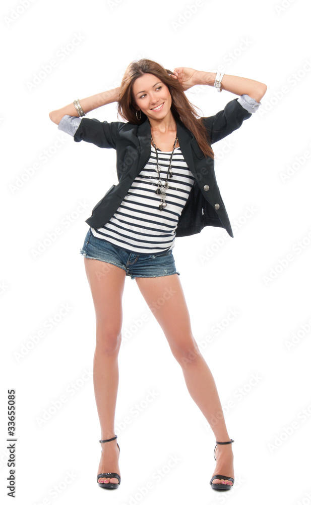 beautiful full body brunette woman dancing in casual cloth smili beautiful full body brunette woman dancing in casual cloth smili