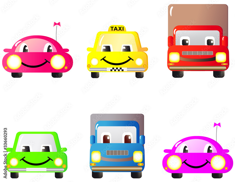 A set of colorful fun and cute cars and toys. Cartoon. A set of colorful fun and cute cars and toys. Cartoon.