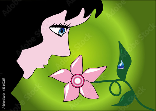 Beautiful woman smelling pink flower