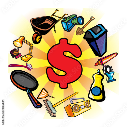 Consommation, achat, shopping, commerce, dollar, objets
