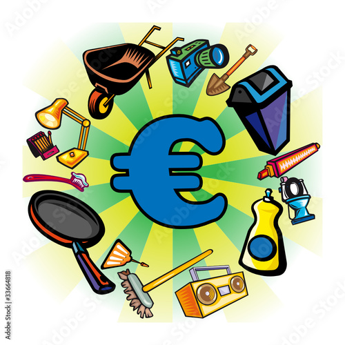 Consommation, achat, shopping, commerce, euro, objets