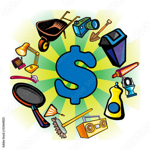 Consommation, achat, shopping, commerce, dollar, objets