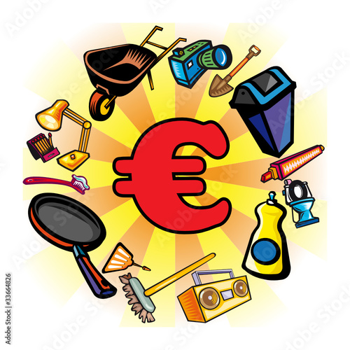 Consommation, achat, shopping, commerce, euro, objets