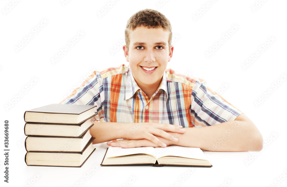 The young student with the books isolated on a white The young student with the books isolated on a white