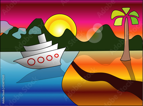 Beautiful seascape with mountains and  ship