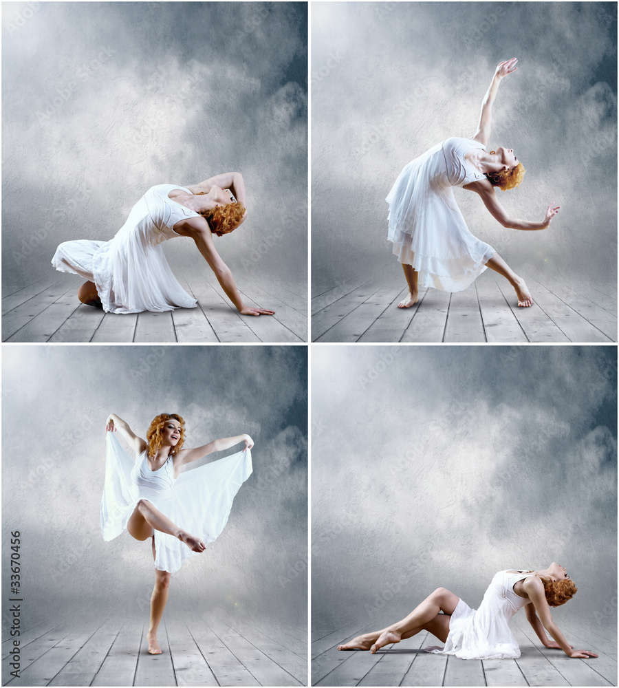Naklejka premium Woman dancer seating posing on background