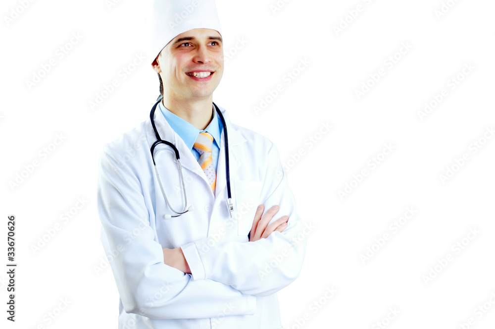 Smiling medical doctor with stethoscope on the hospitals backgro Smiling medical doctor with stethoscope on the hospitals backgro