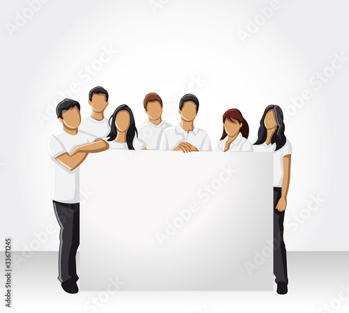 Group people wearing white clothes hold white board