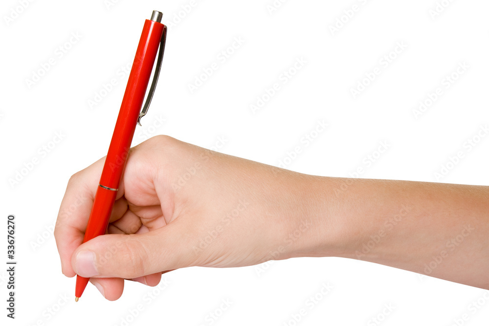 hand with red pen. isolated on white background. hand with red pen. isolated on white background.
