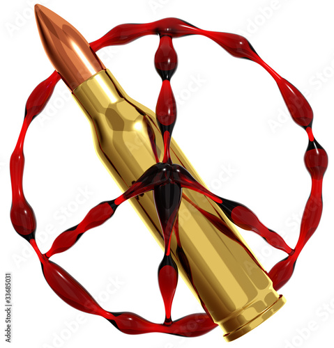 Peace icon of blood and bullet, isolated on white. 3d.