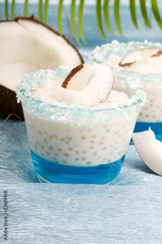 Coconut pudding with tapioca pearls and litchi jelly photo