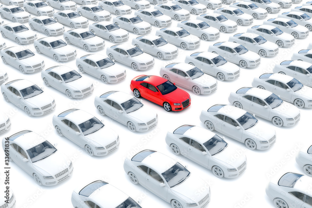 Fototapeta premium One red car with hundreds white