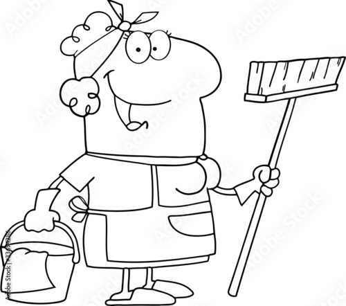 Outlined Cleaning Lady Cartoon Character