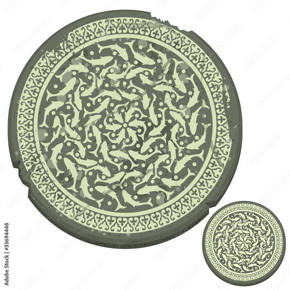 New and old round stone with oriental ornament. Vector. New and old round stone with oriental ornament. Vector.