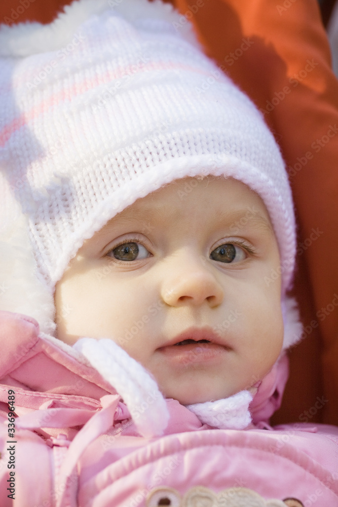 Portrait close up of the baby on walk. Portrait close up of the baby on walk.