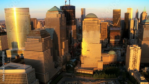 Aerial view of the Financial District of Manhattan at Sunset, NY, USA