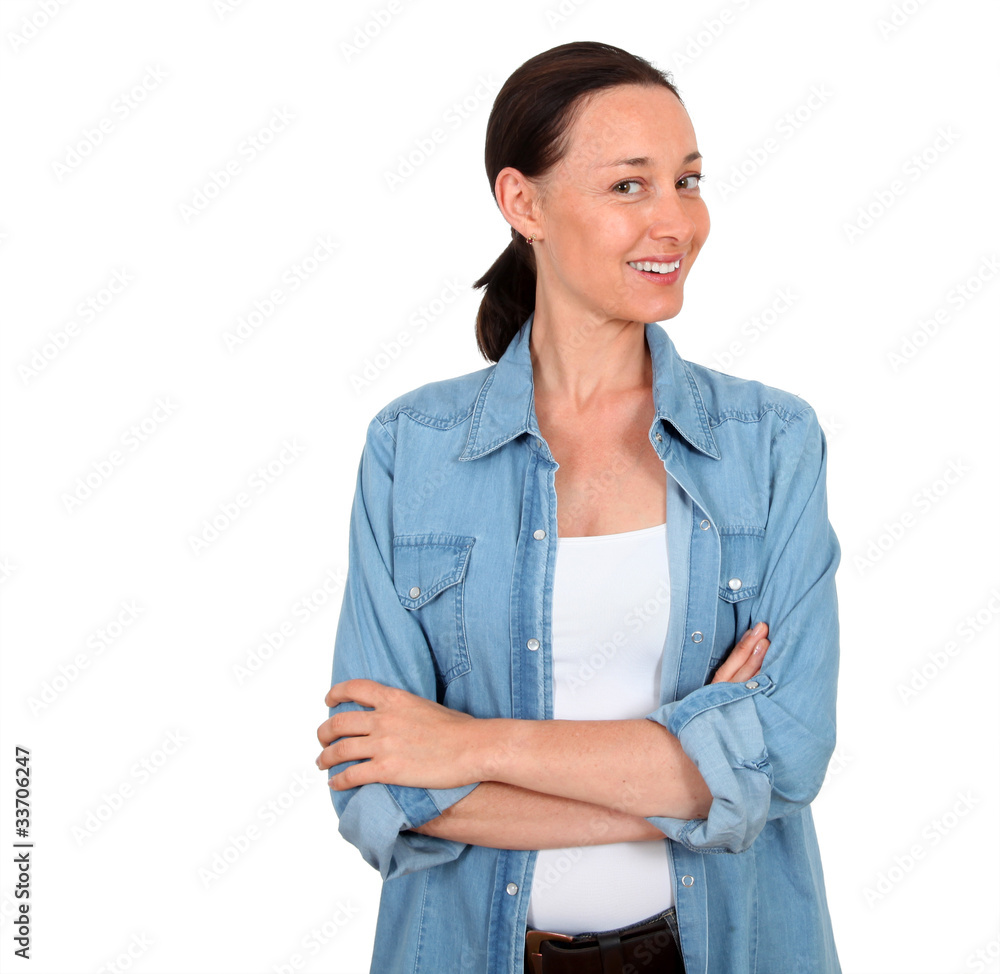 Portrait of smiling woman on white background