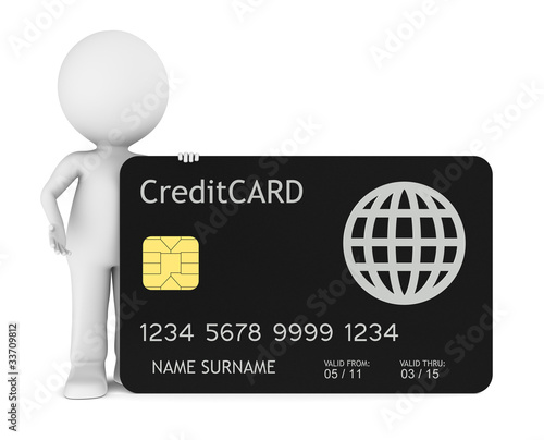 3D little human holding a Credit Card