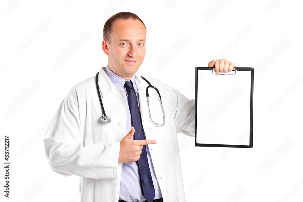 A medical doctor with stethoscope pointing on a clipboard A medical doctor with stethoscope pointing on a clipboard