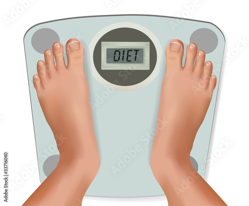 Beautiful young feet on the scale. Concept of diet. Vector.