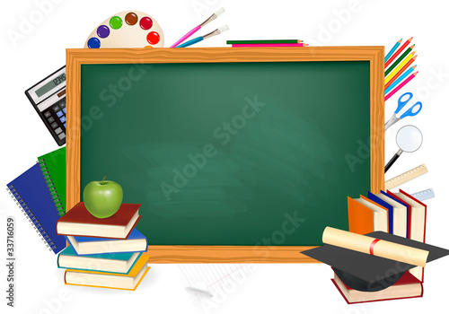 Back to school. Green desk with school supplies. Vector.