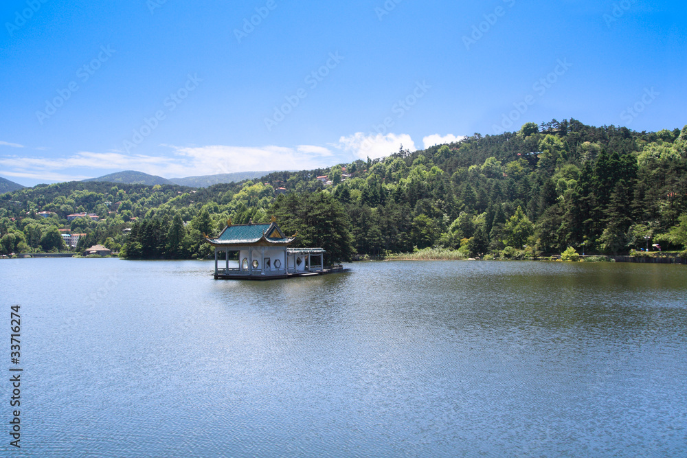 pavilion in the lake at summer