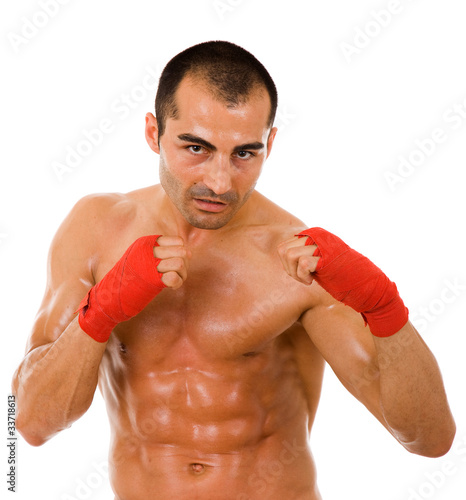 Portrait of young boxer man over white background