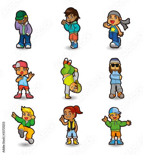 cartoon hip hop boy dancing icon set
