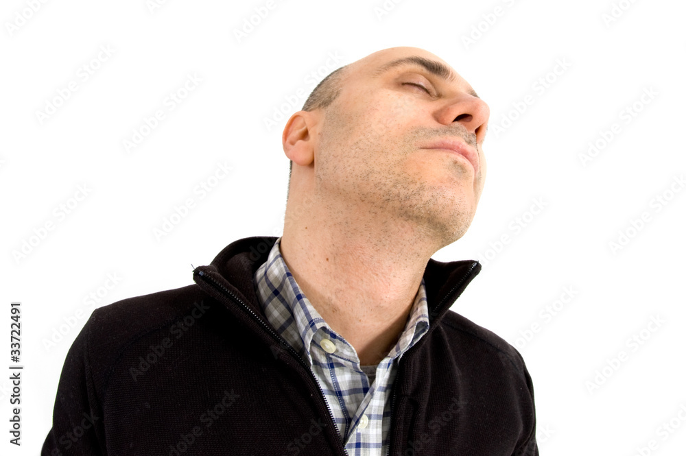Man looking up over white background. Man looking up over white background.