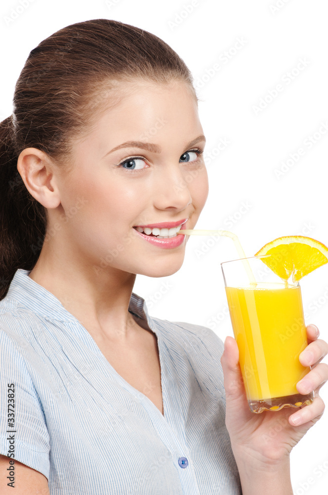 Young woman with glass of orange juice isolated Young woman with glass of orange juice isolated