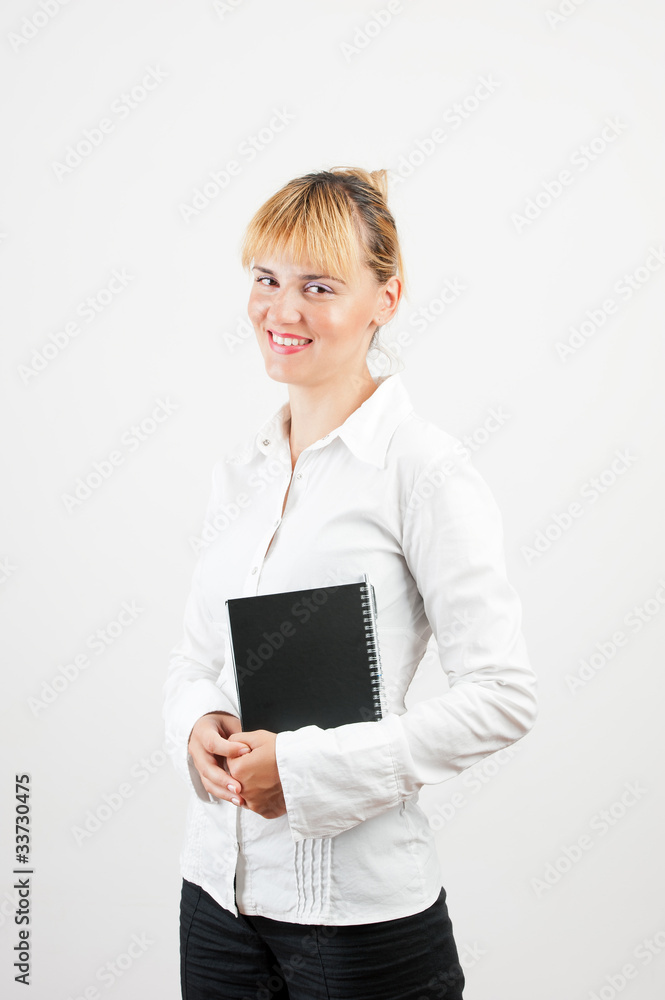Portrait of young happy smiling businesswoman with black folder Portrait of young happy smiling businesswoman with black folder