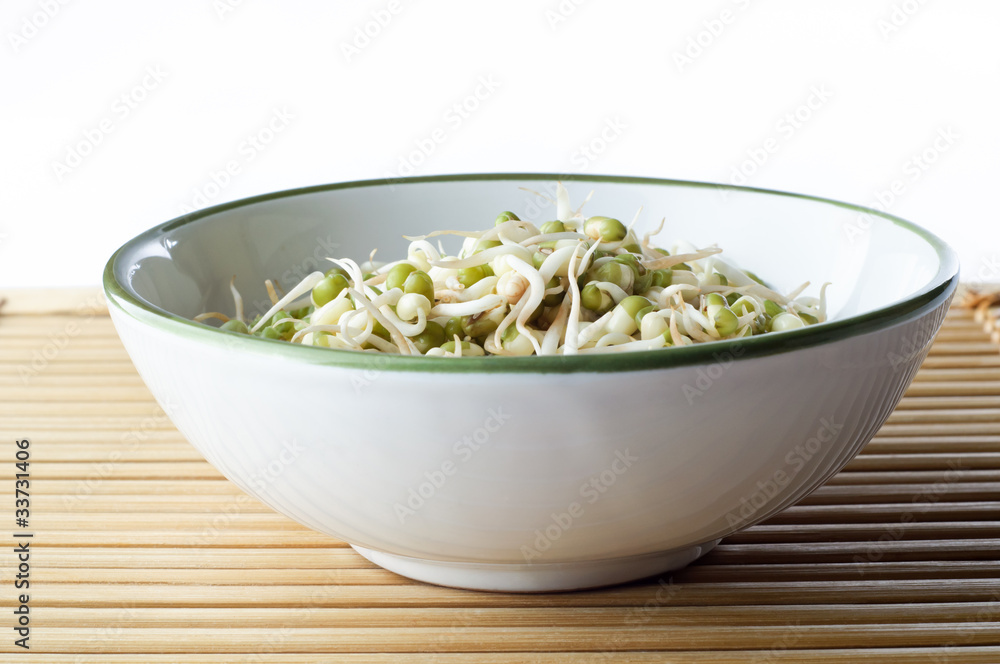 Bowl of Beansprouts on Bamboo Placemat Bowl of Beansprouts on Bamboo Placemat