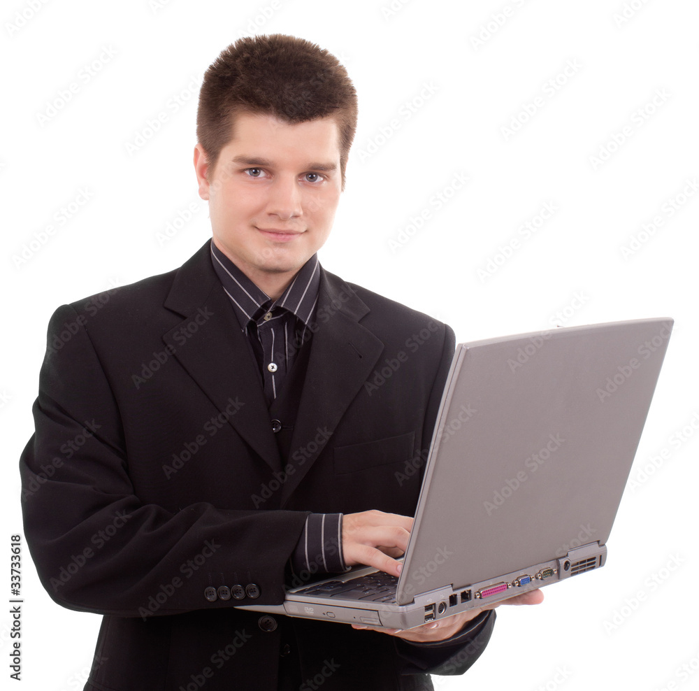 Happy business man holding laptop on white Happy business man holding laptop on white