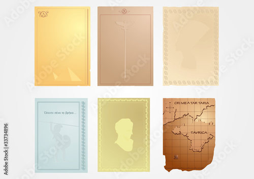 set of ancient parchments and geographical map