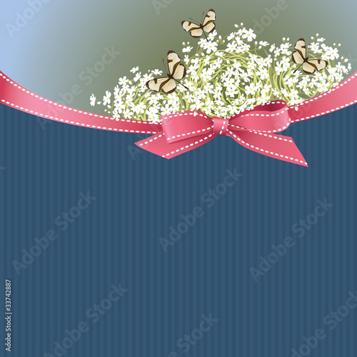 Romantic card with white flowers, butterflies and ribbon bow