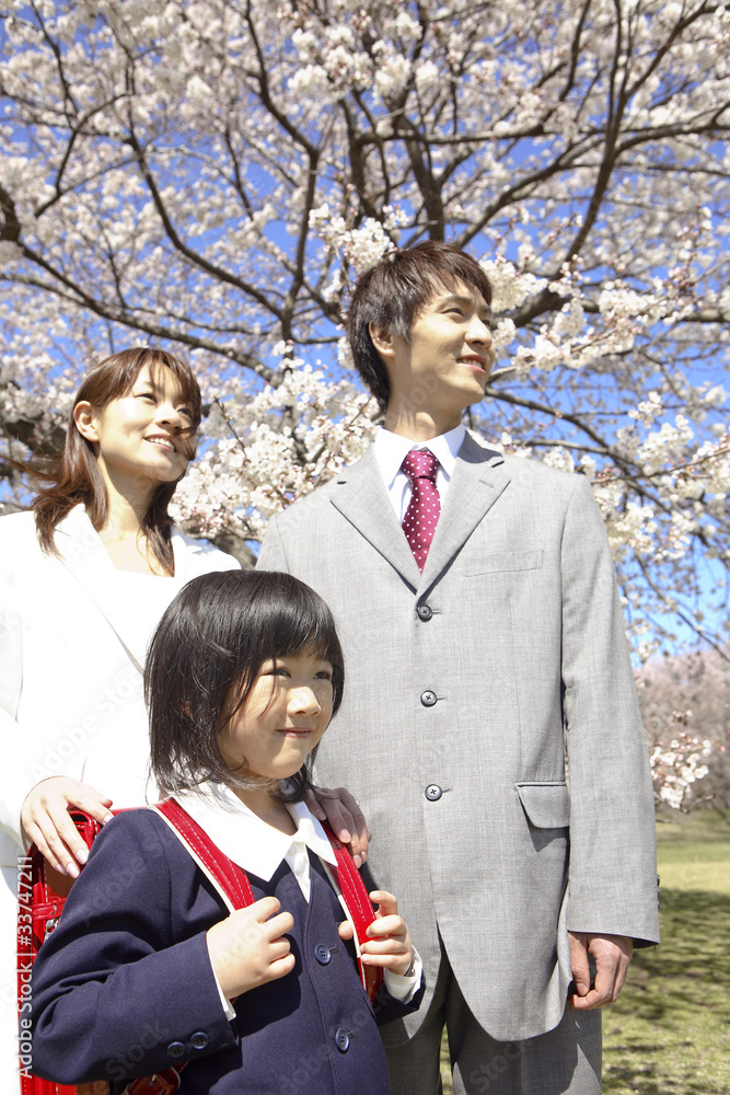 桜の前に立つ小学生女子とその両親 桜の前に立つ小学生女子とその両親