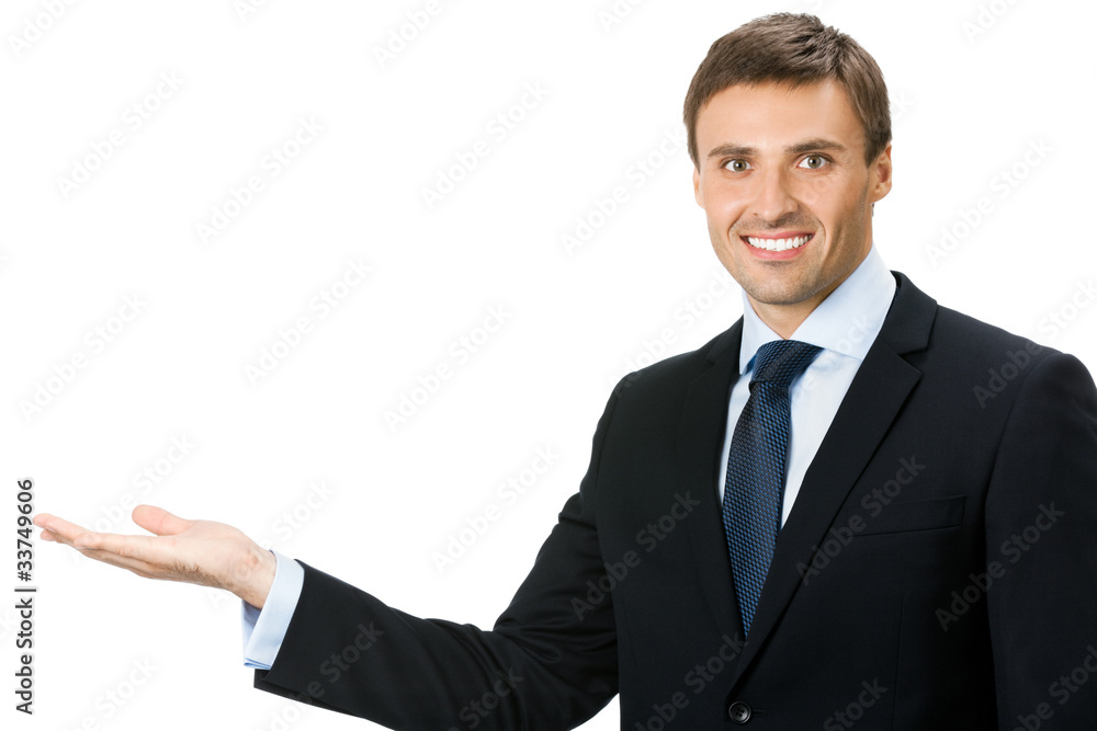 Businessman showing blank area for sign or copyspase, isolated Businessman showing blank area for sign or copyspase, isolated