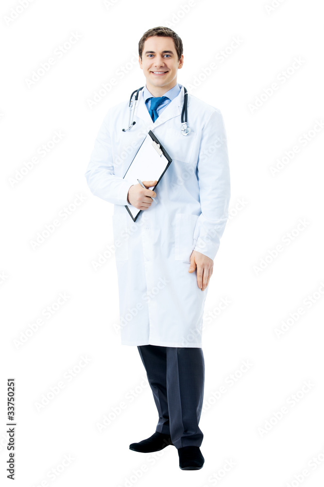 Full body portrait of happy smiling doctor, isolated on white Full body portrait of happy smiling doctor, isolated on white