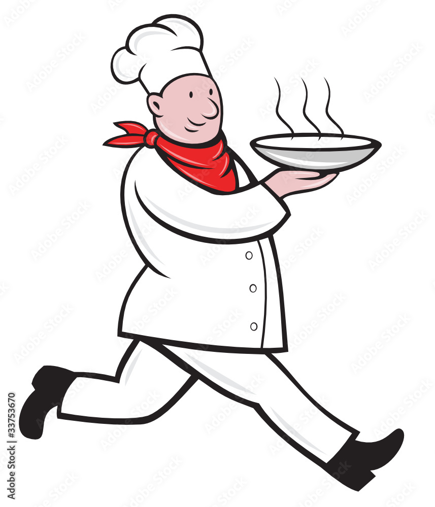 chef cook running serving hot soup bowl chef cook running serving hot soup bowl