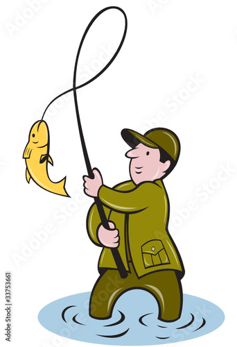 fisherman fly fishing reeling fish