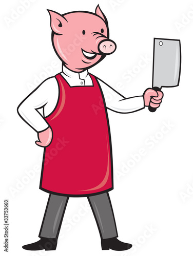 pig butcher holding meat cleaver knife
