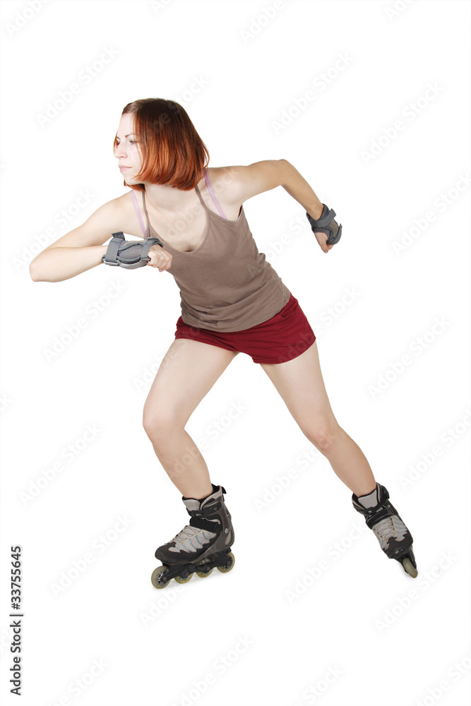 young beauty girl on rollerblades in start pose isolated young beauty girl on rollerblades in start pose isolated