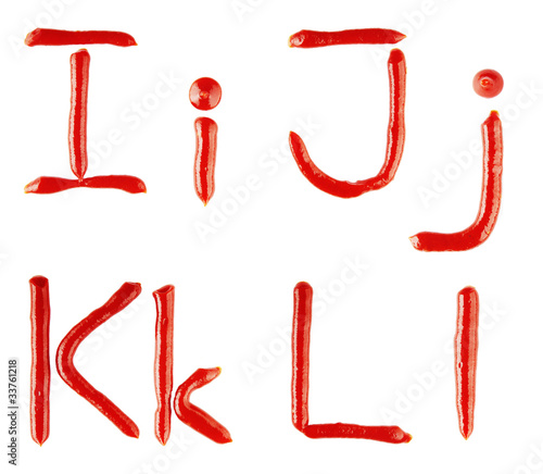 letters made of ketchup on white background