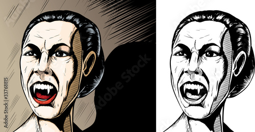 Drawing of an angry, female vampire