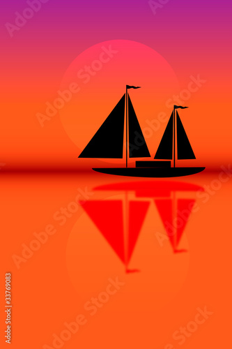 Sailboat sailing on the background of the solar disk.