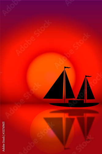 Sailboat sailing on the background of the solar disk.