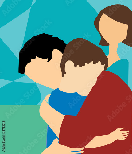 Side view of father hugging his son