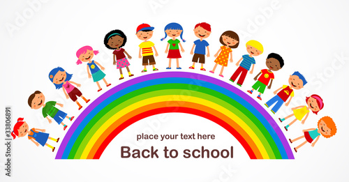 rainbow with kids, colorful vector illustration