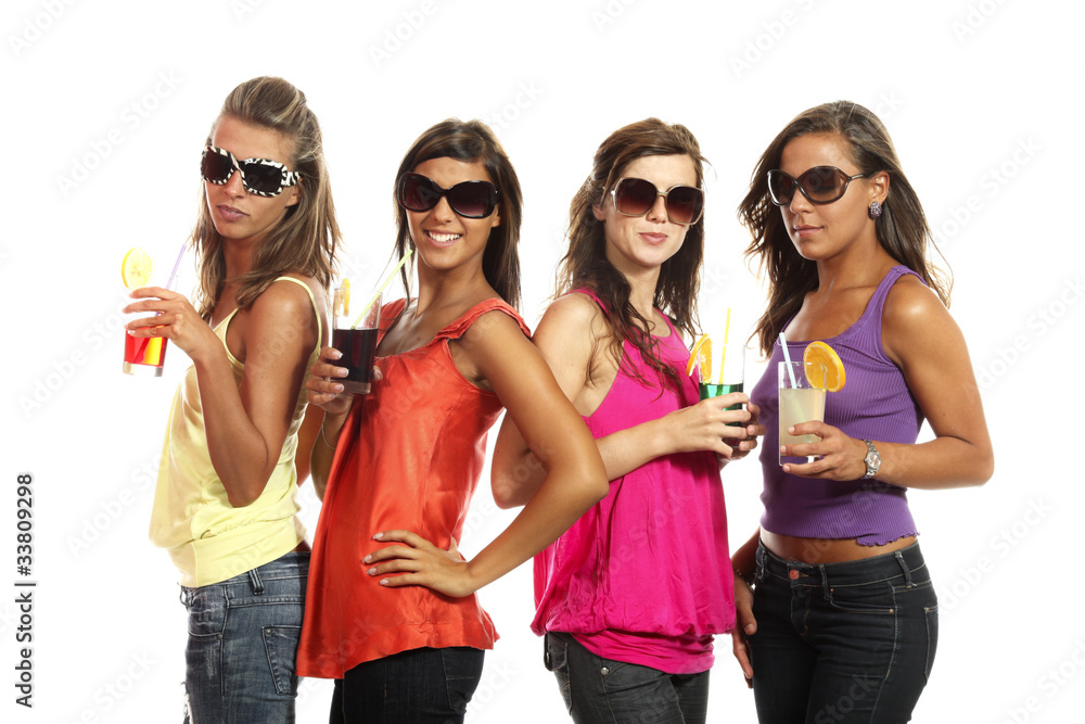 four women on white background with a cocktail four women on white background with a cocktail