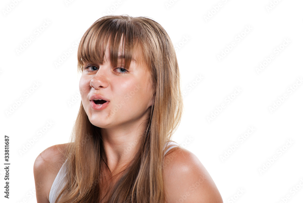 Happy laughing teenager girl on white background Happy laughing teenager girl on white background